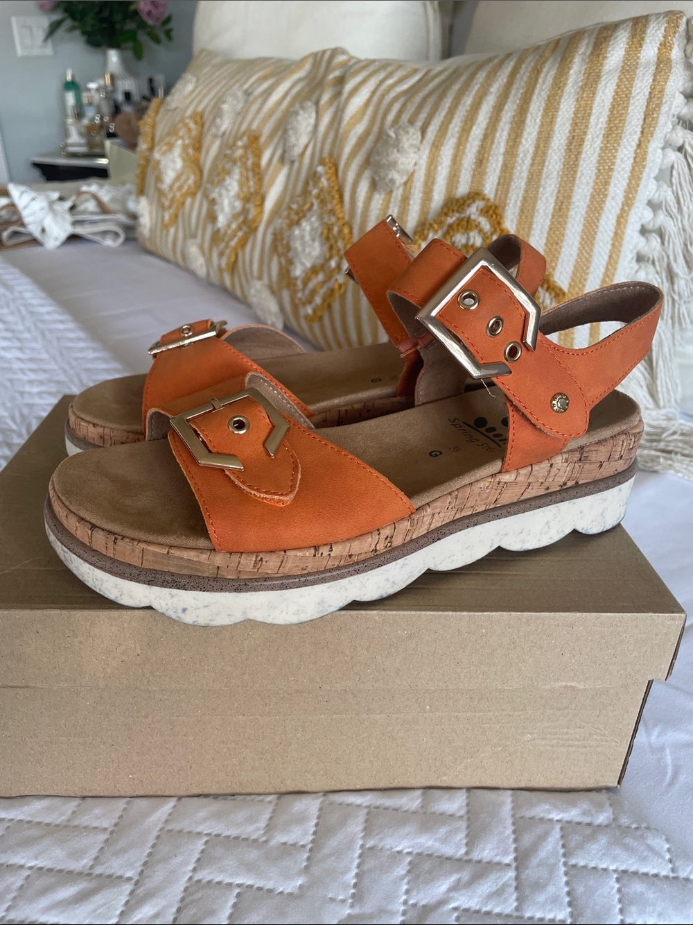 Women's Orange Buckle Platform Sandals with Cork-Style Midsole